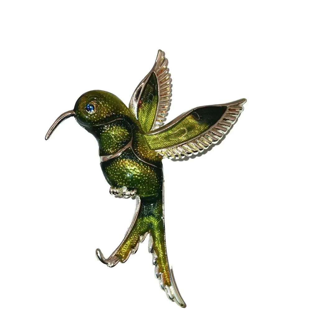 Hummingbird Brooch Pin Green Enamel Green Rhinestone Eye Silver Tone Metal 2.75